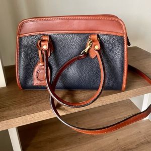 Vintage Liz Claiborne Doctor Bag Purse Top Handle Leather Navy Blue / Brown